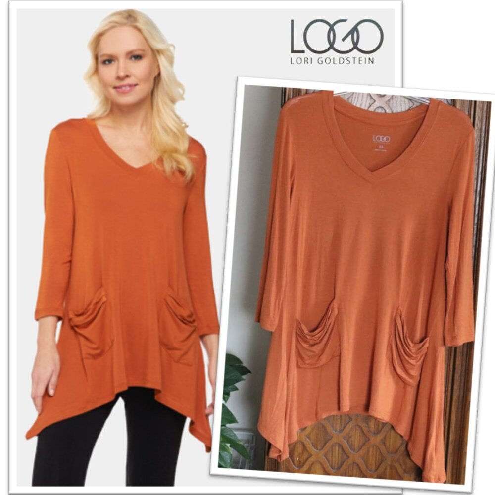LOGO by Lori Goldstein V-neck Asymetrical Lagenlook Pocket Tee NWOT! - Rust, XS